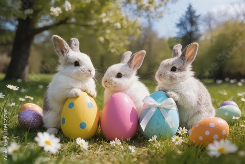 Cute bunnies celebrate spring with colorful eggs in a sunny meadow