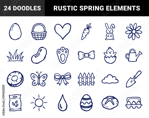 Hand-drawn Easter and spring gardening doodles with rustic marker aesthetic. Naive sketchy illustrations of bunnies, eggs, and backyard tools.