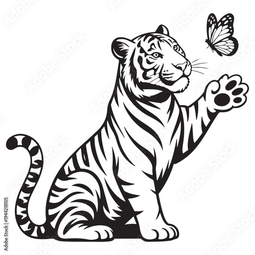 A majestic tiger reaching for a butterfly a striking silhouette