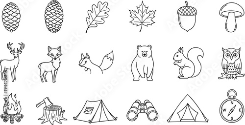 Collection of hand-drawn forest animals and camping icons in a simple line art style
