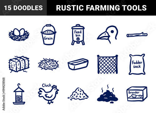 Hand-drawn poultry farming and chicken coop elements for rustic agricultural branding. Naive marker sketch illustrations of bird care and livestock equipment.