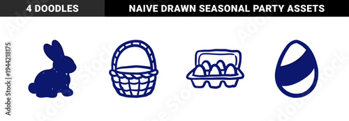 Hand-drawn Easter holiday elements featuring rustic basket, bunny silhouette, and decorated eggs. Naive marker sketch illustrations for seasonal branding.