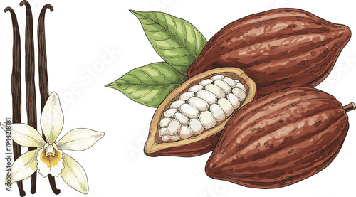 Botanical vector illustration set featuring vanilla beans with orchid flower and cocoa pods with chocolate beans and green leaves.