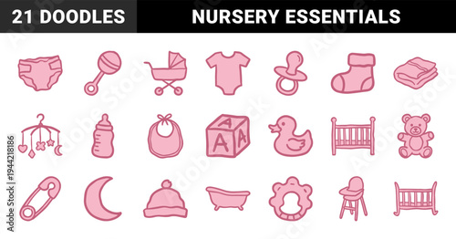 Hand-drawn baby nursery essentials for organic brand identity. Rustic, naive pink marker sketch illustrations featuring newborn care concepts.