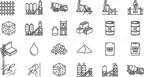 Construction industry line icons set, cement production, concrete mixer truck, building materials, road work, bricks, sand, industrial equipment