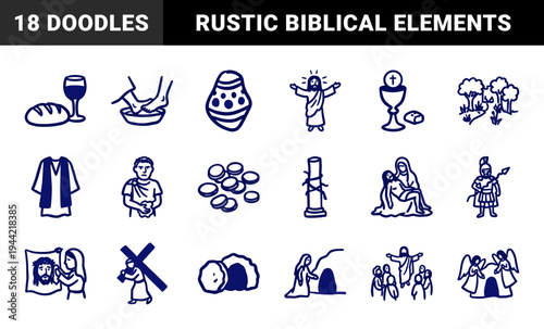 Hand-drawn Christian Easter and Passion of Christ elements for religious storytelling. Rustic, naive marker sketch illustrations featuring biblical stations of the cross.