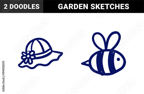 Hand-drawn honey bee and sun hat summer elements for organic branding. Naive marker sketch illustrations featuring nature and garden concepts.