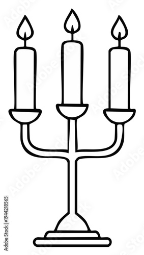 Classic three armed candelabra with lit candles line art illustration, vintage elegance and simple decorative vector