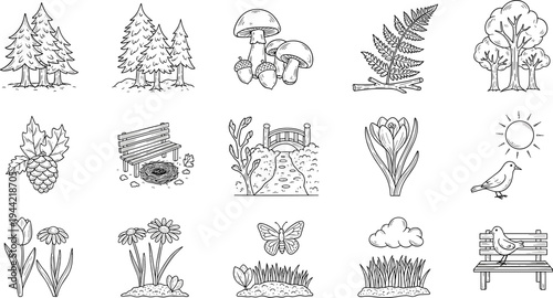 Collection of hand-drawn nature elements and outdoor scenes for spring and summer