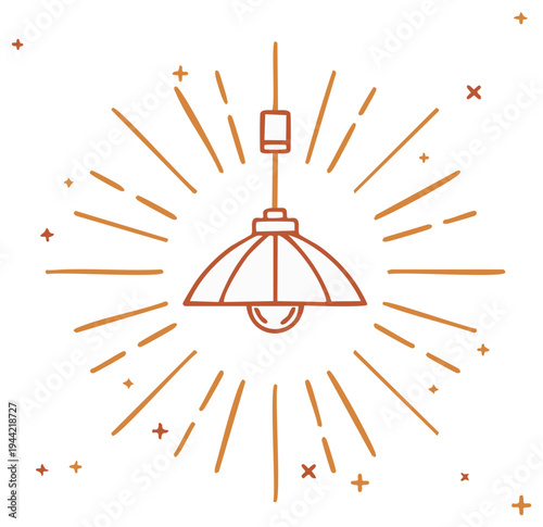 Minimalist hand drawn line art illustration of a glowing pendant lamp emitting warm radiating light