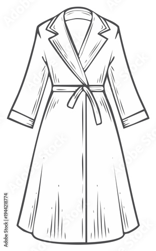 Outline sketch of a classic belted trench coat. Women's fashion outerwear line art illustration.