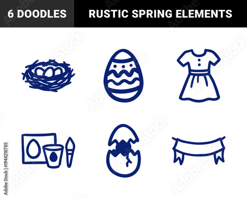 Hand-drawn Easter holiday elements in a rustic blue ink doodle style. Naive marker sketch illustrations featuring eggs, nest, and festive treats.