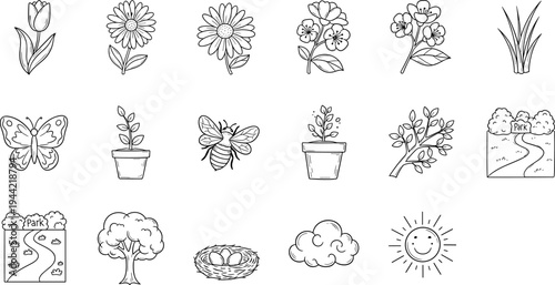 Collection of hand-drawn nature and spring icons in a simple black and white doodle style