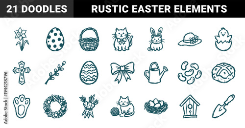 Hand-drawn Easter and springtime garden elements for rustic brand identity. Naive marker sketch illustrations featuring seasonal holiday concepts.