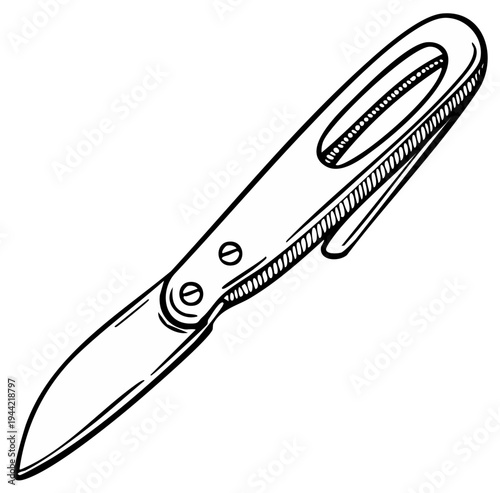 Hand-drawn sketch of a sleek pocket knife with a curved handle and silver blade, isolated on white.