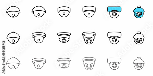 A set of security camera icons in a flat, minimalist design style