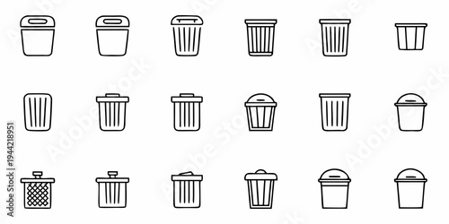 A set of minimalist trash can icons in a flat line art style
