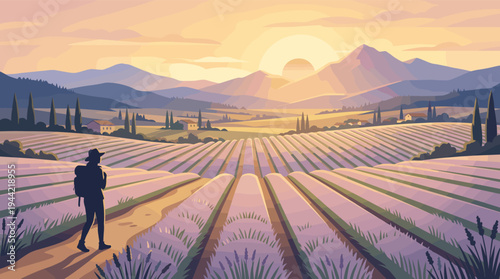 Silhouette of a backpacker walking through rows of lavender in Provence, France, during sunrise with mountains and houses in the distance, creating a serene, peaceful scene.
