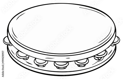 Outline illustration of a tambourine musical instrument in black and white