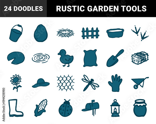 Rustic hand-drawn farm and garden elements for organic brand identity. Naive marker sketch illustrations featuring countryside life and agriculture.