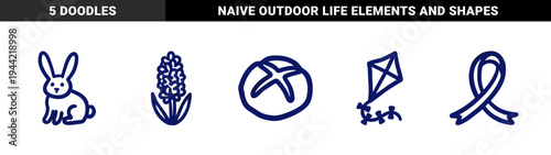 Hand-drawn spring and leisure elements for organic brand identity. Rustic, naive marker sketch illustrations featuring bunny, flower, and kite concepts.