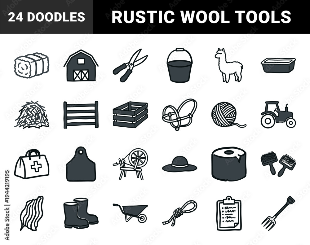 Fototapeta premium Hand-drawn alpaca farming and wool production elements with rustic charm. Naive marker sketch illustrations of livestock care and spinning tools.