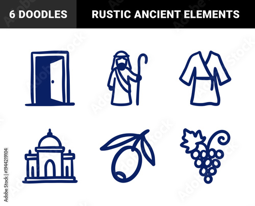 Ancient biblical life and religious storytelling elements in a naive marker doodle style. Hand-drawn rustic sketches of shepherd, tunic, and temple.