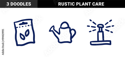 Hand-drawn gardening and lawn care elements for organic brand identity. Rustic, naive marker sketch illustrations featuring backyard maintenance concepts.