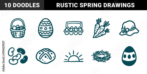 Hand-drawn Easter holiday and spring season elements for organic brand identity. Rustic, naive marker sketch illustrations featuring festive tradition concepts.