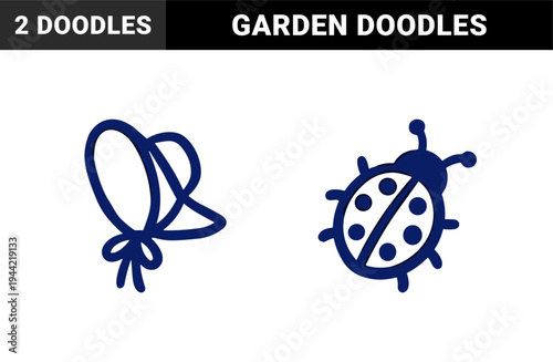 Hand-drawn ladybug and sun hat doodle elements for organic spring branding. Rustic naive marker sketch illustrations featuring garden and nature concepts.