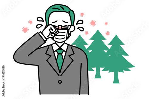 花粉症がつらい中年のスーツの男性