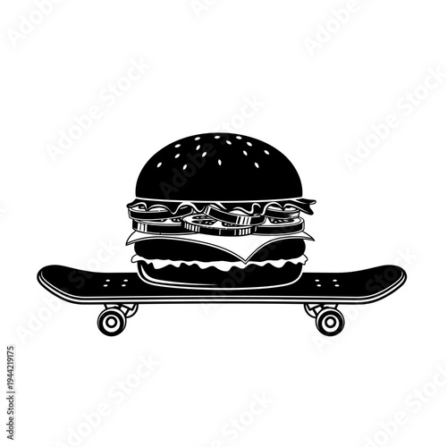 Burger on Skateboard Silhouette Icon, Fast Food and Extreme Sports Concept
