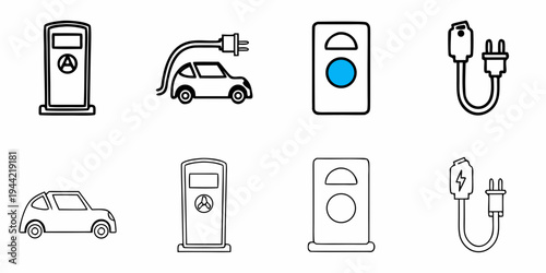 A set of vector icons depicting electric vehicle charging stations and plugs