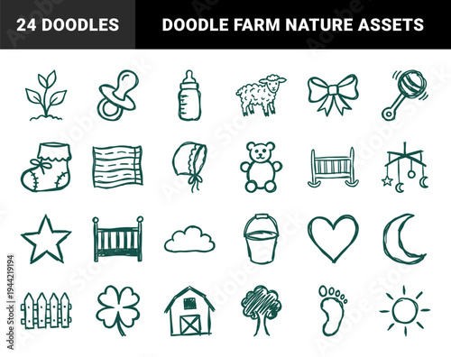 Hand-drawn baby nursery and rustic farm elements for organic brand identity. Naive marker sketch illustrations featuring infant care and nature concepts.