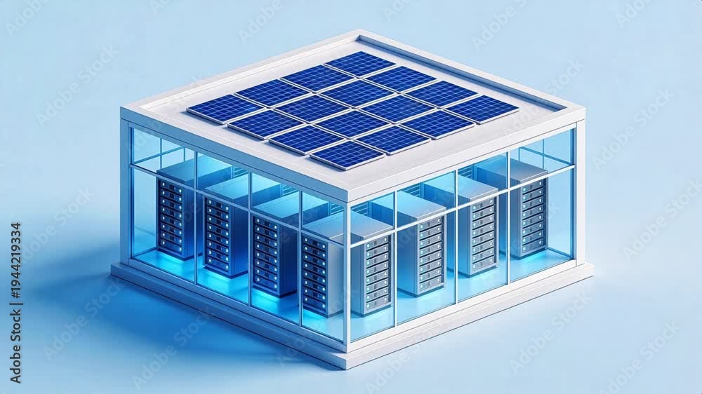 Solar Server Picture Futuristic eco-data center with solar panels on roof and transparent ...