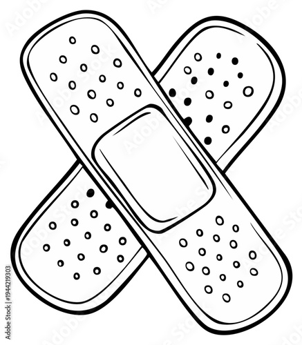 Crossed band aids line art for injury treatment and first aid, black and white illustration