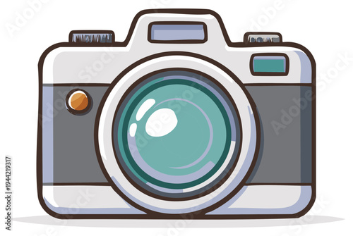 Stylized cartoon digital camera illustration featuring prominent lens and classic design
