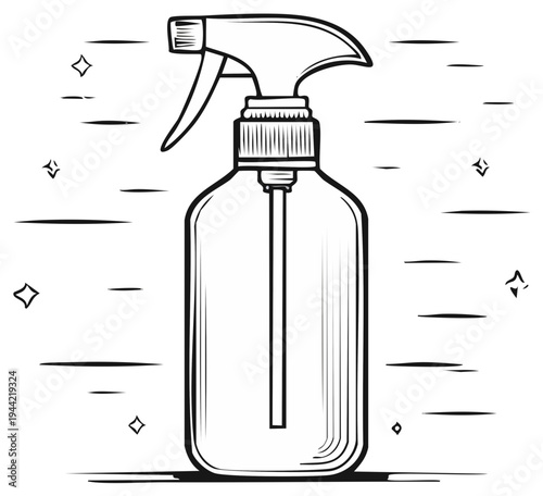 Spray Bottle Line Art: Empty Container with Sprayer Nozzle for Cleaning, Disinfection, and Gardening applications