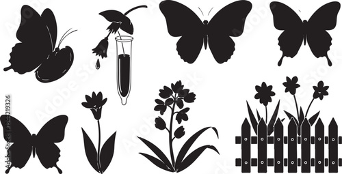 Black silhouettes of butterflies and flowers on white background