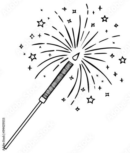 Hand-drawn illustration of a sparkler with radiating sparks and stars, celebratory fireworks