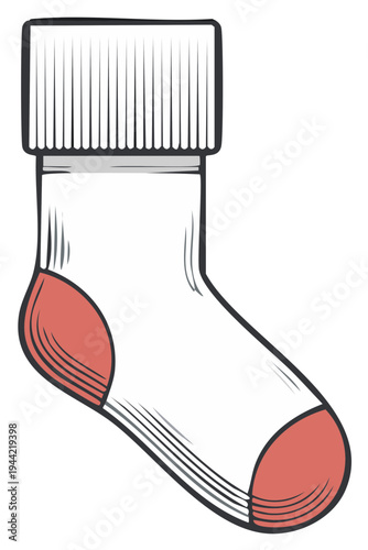 Cartoon sock with red heel and toe, turned over cuff, line art illustration