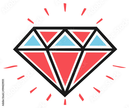 Illustration of a stylized red diamond with blue accents shining brightly