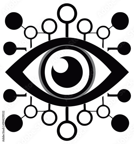 Eye connected to network of nodes represents surveillance and information sharing technology illustration in black and white
