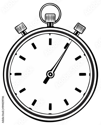 Vintage stopwatch outline illustration shows precise time measurement and racing competition with clear dial and control knobs in simple monochrome drawing