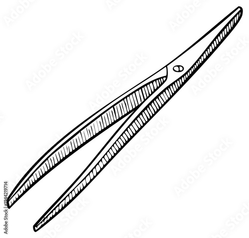 Ink drawing of a medical tweezer instrument, black and white