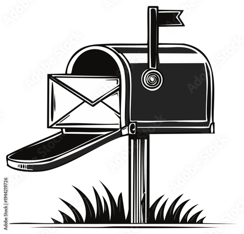 Traditional Mailbox with Letter and Flag Raised Illustration Black and White Style
