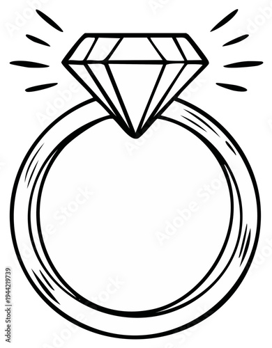 Hand drawn sparkling diamond engagement ring with radiating light flashes