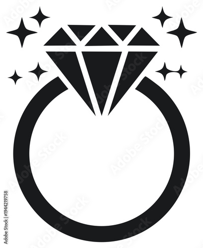 Simple black silhouette of a sparkling diamond engagement ring vector icon for proposals and weddings
