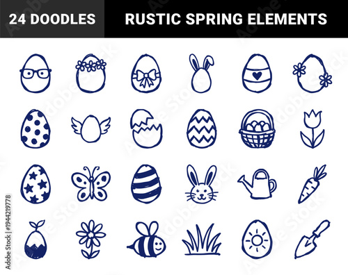 Hand-drawn Easter and spring garden elements for organic brand identity. Rustic, naive marker sketch illustrations featuring holiday motifs.