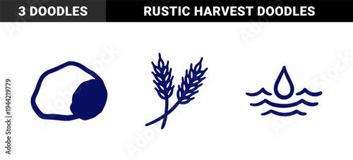 Hand-drawn nature and harvest elements in a rustic naive doodle style. Organic marker sketch featuring a stone, wheat stalks, and water ripples.